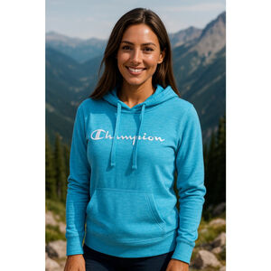 Champion Logo Hoodie Blue Lightweight Causal Athleisure L Hiking Granola Workout